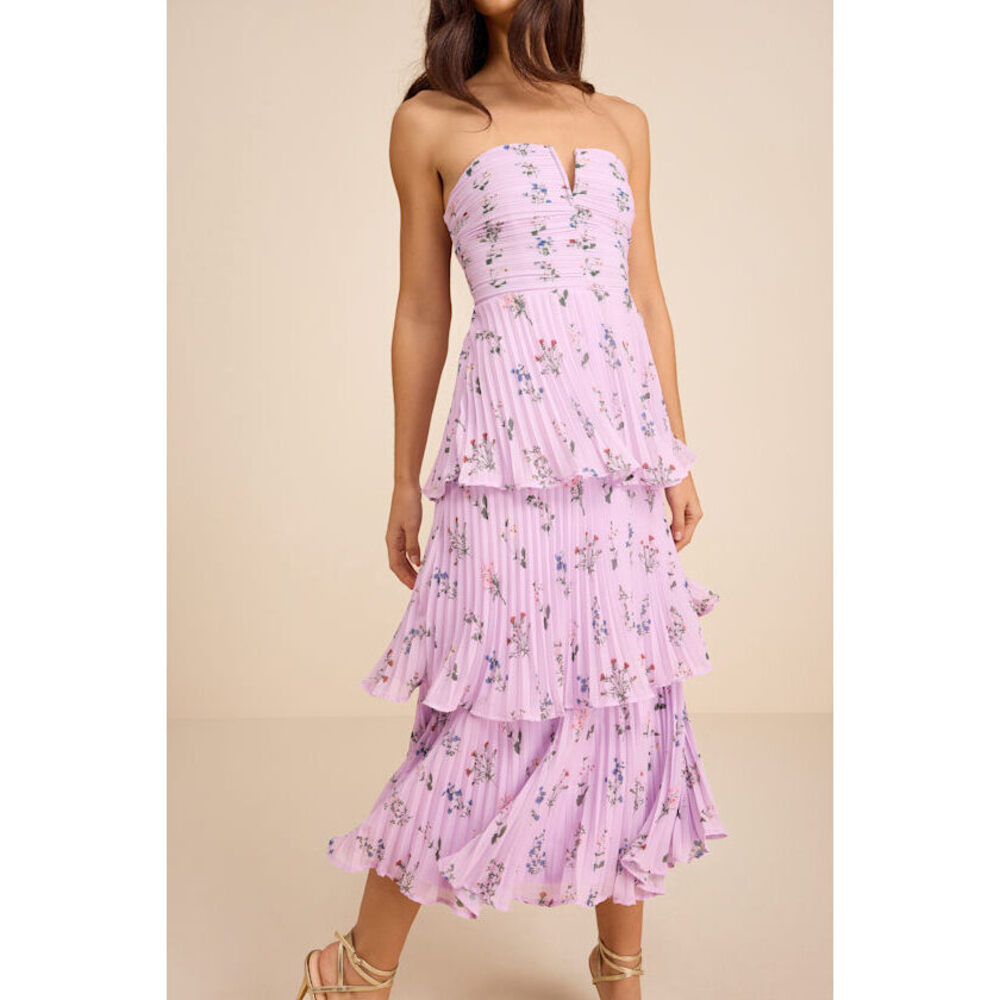 Lulus Hadelyn Lavender Floral Pleated Tiered Midi Dress Purple